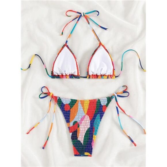 Swim Summer Beach Color Block Smocked Halter Triangle Bikini Set - Picture 2 of 5
